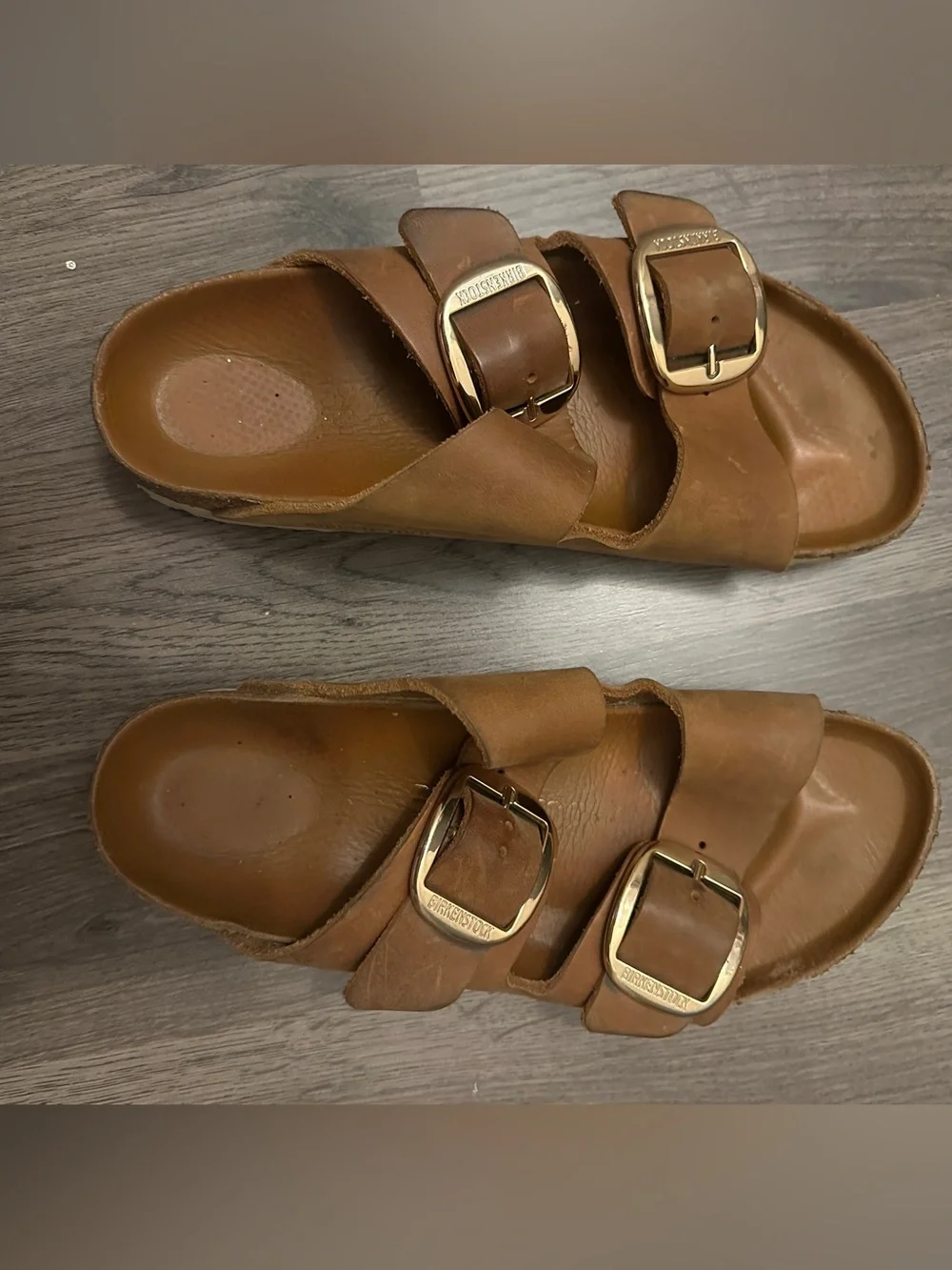 Birkenstock Brown Leather Sandals, gold buckles